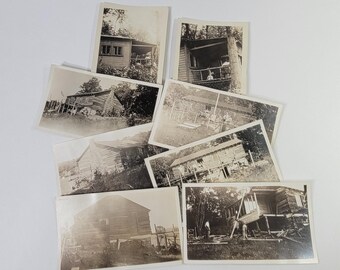 Fotos instantáneas de cabañas de troncos antiguas, lote de 8 chimeneas de piedra familiares