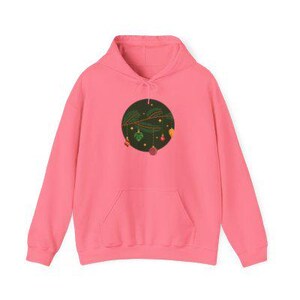 May include: A coral pink hoodie with a front pocket and a drawstring hood. The front features a circular design with a dark green background, a sprig of pine needles, and hanging ornaments in various colours, including red, green, and gold. The hoodie is a casual garment.