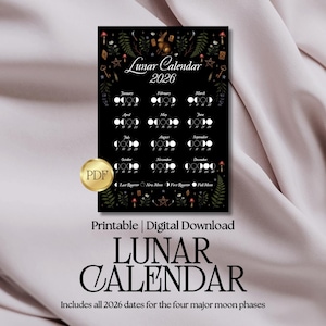 Witchy maankalender 2026 | Grillige en botanische afdrukbare maankalender