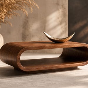May include: A contemporary, oval coffee table crafted from dark brown wood. The table has a lower shelf and a distinctive curved design. A small, gold-coloured decorative bowl rests on top. A vase with dried plants is in the background.
