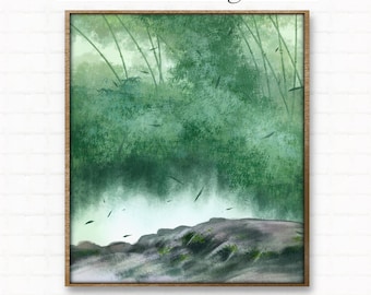 Peut inclure: Une impression numérique encadrée représentant une forêt de bambous. L'œuvre d'art présente une forêt de bambous verdoyante avec un effet brumeux et atmosphérique. L'impression est encadrée dans un cadre en bois, avec du texte en haut et en bas qui dit "Bamboo Forest Digital Print" et "HIGH-RESOLUTION | INSTANT DOWNLOAD."