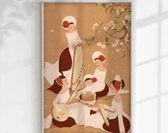 Aodai Women Watercolor Print: Vietnamese Music Art, Asian Classic Silk Painting Style (Digital Download)