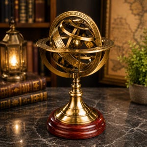 May include: A brass armillary sphere featuring multiple interlocking rings and a central globe, mounted on a polished dark wood circular base. The outer ring is engraved with numerical markings, and the metal surface has a warm, metallic finish.
