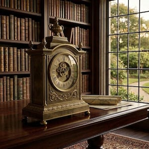 Vintage Brass Mantel Clock Displayed on a Polished Wooden Desk in a Classic Library Room with Bookshelves and a Large Sunlit Window View