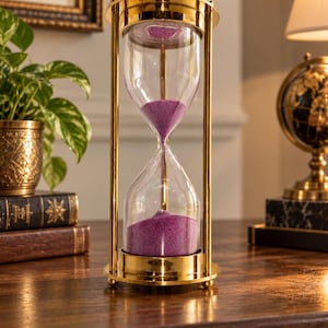 Puede incluir: Un reloj de arena alto con un marco de metal dorado pulido, soportes cilíndricos y una base circular. El recipiente de vidrio transparente contiene arena fina de color púrpura, que fluye por el centro estrecho hacia la parte inferior.