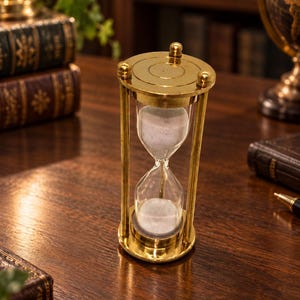 Könnte beinhalten: Eine Sanduhr mit einem Rahmen aus poliertem Messing, bestehend aus einem runden Ober- und Unterteil, die durch drei vertikale Säulen verbunden sind. Die klaren Glaskolben enthalten feinen weißen Sand, der durch den mittleren Hals fließt.
