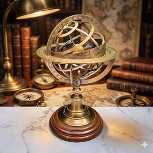 Esfera armilar de latón antiguo en el estudio de un erudito, con mapas, libros y globo terráqueo de época que reflejan la astronomía y la exploración.