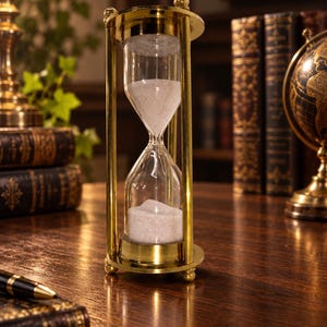Puede incluir: Un reloj de arena de latón con un bulbo de vidrio transparente que contiene arena blanca. El marco presenta cuatro pilares verticales que conectan placas circulares superior e inferior con pequeños pies esféricos. El texto GiftForAllEvent está impreso en la esquina inferior derecha.