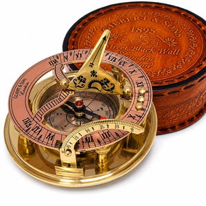 Personlig solurskompass i mässing, Gilbert & Sons-stil, antik nautisk navigationsverktyg