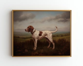 Op de afbeelding: Een ingelijst schilderij van een Pointer hond in een veld. De hond is wit met bruine vlekken en een bruine kop. De achtergrond toont een groen landschap onder een bewolkte lucht. De lijst is goudkleurig.