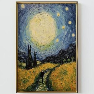 Van Gogh-Sterrennacht schilderij, eenzame wandelaar Art Print Wall Decor, Celestial downloadbare digitale AFDRUKBAAR, vintage klassieke muurkunst J37