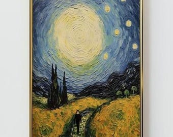 Van Gogh Starry Night Painting, Solitary walker Art Print Wall Decor, Celestial Downloadable Digital PRINTABLE, vintage classic wall art J37