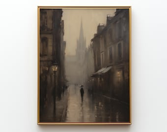 Pintura callejera londinense con niebla, arte urbano melancólico, arte académico oscuro, decoración urbana atmosférica, descarga digital de estilo vintage J48