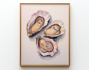 Watercolor Oyster Print, Oyster Wall Art, Modern Coastal Kitchen Wall Art, Pastel Seafood Dining Decor, Beach House Foodie Gift J77