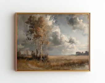 May include: An antique landscape painting in a gold frame. The artwork depicts a field with tall grass, a small body of water, and trees under a cloudy sky. The color palette includes shades of brown, beige, and gray.
