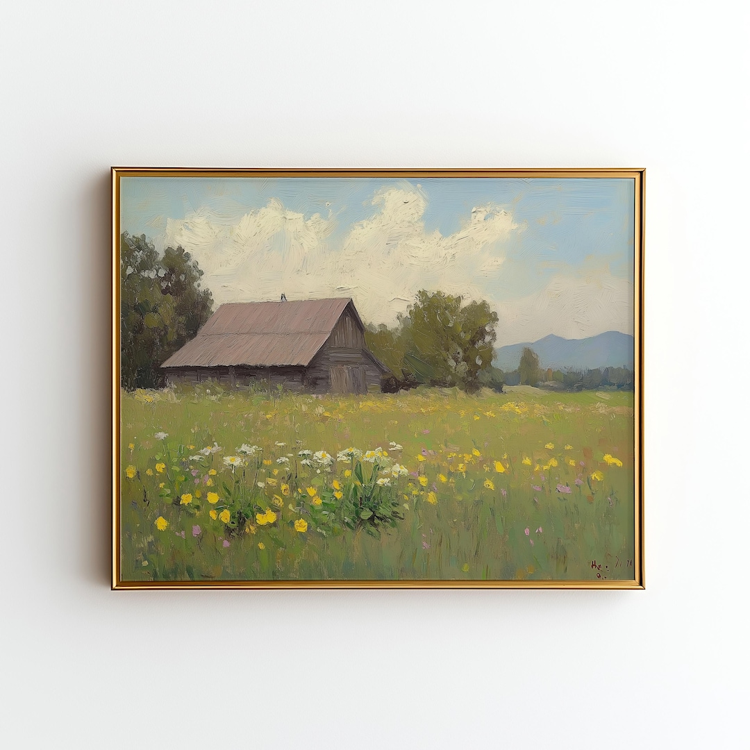 Rustic Barn Field Landscape Print, Wildflower Meadow Farmhouse Wall Art ...
