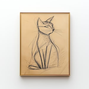 Cat Sketch Art Print, Minimalist Pencil Sketch, Modern Feline Wall Decor, Simple Pet Drawing Digital Download, Scandi Aesthetic Wall Art J15