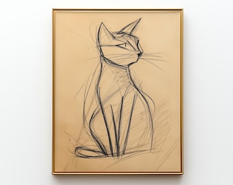 Cat Sketch Art Print, Minimalist Pencil Sketch, Modern Feline Wall Decor, Simple Pet Drawing Digital Download, Scandi Aesthetic Wall Art J15