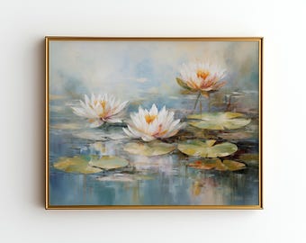 Serene Water Lily Pond Painting Print, Calming Lotus Flower Wall Art, Tranquil Lakeside Decor, Spa Bathroom Aesthetic, Vintage Wall Art J64