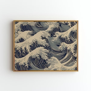 Japanese Wave Art, Ukiyo-e Ocean Pattern, Great Wave Off Kanagawa Style, Coastal Wall Decor, Japandi Art, Minimalist Digital Download J92