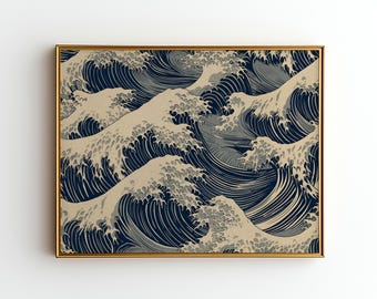 Japanische Wellenkunst, Ukiyo-e-Ozeanmuster, Große Welle im Kanagawa-Stil, Küstenwanddekor, Japandi Art, minimalistischer digitaler Download J92