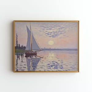 Sailboat Sunset Print | Serene Seascape Art | Nautical Wall Decor | Tranquil Ocean Painting | Edward Hopper Style | Digital Download J26