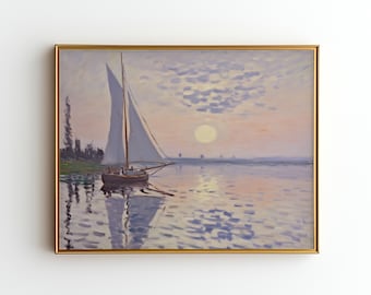 Impressão de pôr do sol em veleiro | Arte de paisagem marinha serena | Decoração de parede náutica | Pintura de oceano tranquilo | Estilo Edward Hopper | Download digital J26