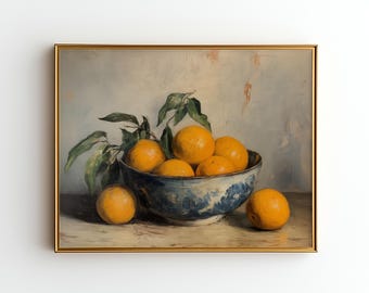 Lebendige Orange Stillleben Malerei Druck, rustikale Zitrus Küche Wandkunst, Obstschale Dekor, digitaler Download Kunst, Vintage Wandkunst, J80