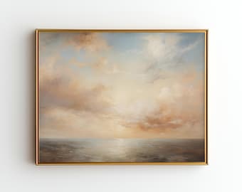 Impresión de pintura con un atardecer sereno en el océano, arte mural abstracto con paisaje costero, decoración neutra con un horizonte tranquilo, decoración náutica J71