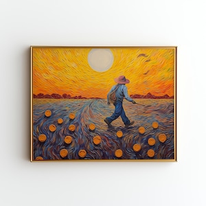 Peut inclure: Peinture encadrée représentant une personne marchant sur un chemin à travers un champ sous un ciel orange et jaune vif. L'œuvre présente un style impressionniste texturé avec une palette de couleurs chaudes et un cadre doré.
