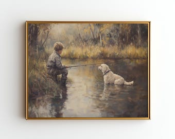 Boy and dog Print | Nostalgic Childhood Art | Tranquil Lakeside Scene | Rustic Cabin Decor | Vintage Style Painting | Digital Download J21