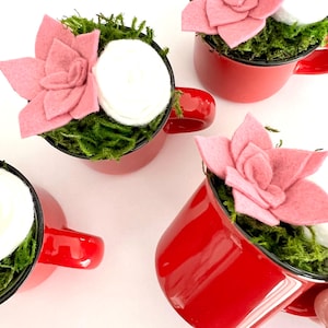 Red Mini Mug with Felt Flowers: Handmade Decor, Gifts, Home Faux Plant, Pink + Red