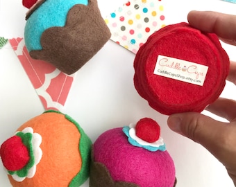 Set of 6 Felt Cherry Cupcakes - Party Pack - Decorations, Party Favors, Photo Props, Play Food, Bakery, Pin Cushions, Kitchen Decor, Toy