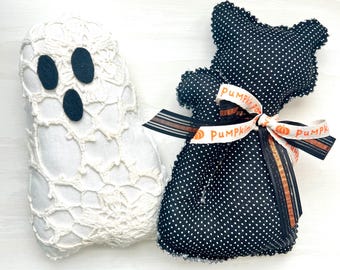 Halloween Cute Ghost & Black Cat Decorations - Fall Sewn Handmade Squishy Pillow Decor - Ribbon Trim Home Staging - Hostess Gifts Party Idea