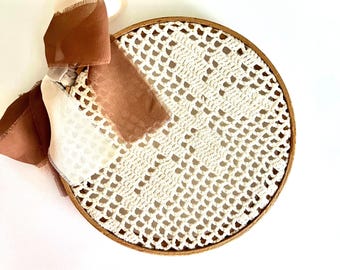 Antique Round Doily Wood Hoop Art - Farmhouse Home Decor Circle Floral - Knitted Neutral Colors Ribbon Vintage Look -Shelf Wall Sitter Cream