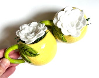 Felt Flower Lemon Mini Mug Decor - Faux Home Special Gift - Thank You Birthday Mom - Shelf Sitter Arrangement Table Top -Fruit Yellow Citrus