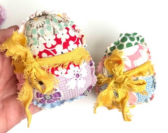 Quilted Sewn Small Egg Pillows - Handmade Fabric Scrap Home Decor - Vintage Piece Spring Gift - Sweet Little Thank You -Bowl Filler Shelf