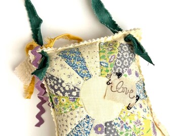 Pretty Quilted Sewn Hanging Pillow - Handmade Vintage Quilt Square Love Antique Decor - Farmhouse Staging Home Decor - Gifts Hang Knob Hook