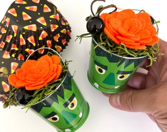 Mini Metal Frankenstein Pails Set of 2 -Halloween Decoration Funny Fake Flower Pot -Fall Small Felt Gift Prize -Teacher Kids Fun Spooky