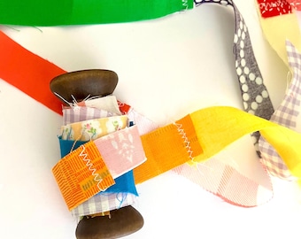 Fun Fabric Scrappy Colorful Ribbon -Sewn Pretty Handmade Trimming - Long Spool Crafting Trim Art - Junk Journal Scrapbook Supplies - Pretty