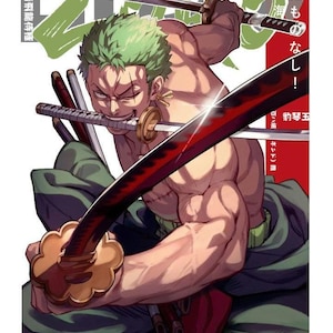 May include: Illustration of a muscular character with green hair, holding three swords. One sword is in his mouth, and two are in his hands. The swords have red and black blades. Japanese text is visible in the background.