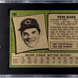 May include: A baseball card featuring Pete Rose, Cincinnati Reds outfielder. The card has a green and tan design with a portrait of Rose wearing a baseball cap. The card is encased in a black holder with the SGC logo.
