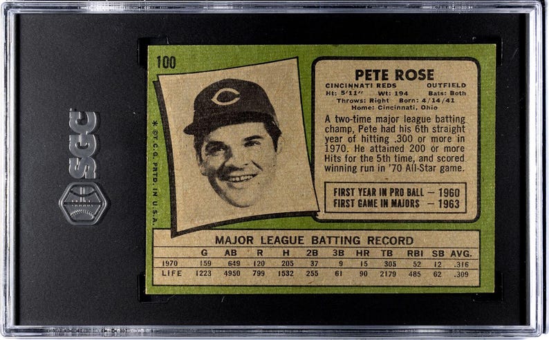 May include: A baseball card featuring Pete Rose, Cincinnati Reds outfielder. The card has a green and tan design with a portrait of Rose wearing a baseball cap. The card is encased in a black holder with the SGC logo.
