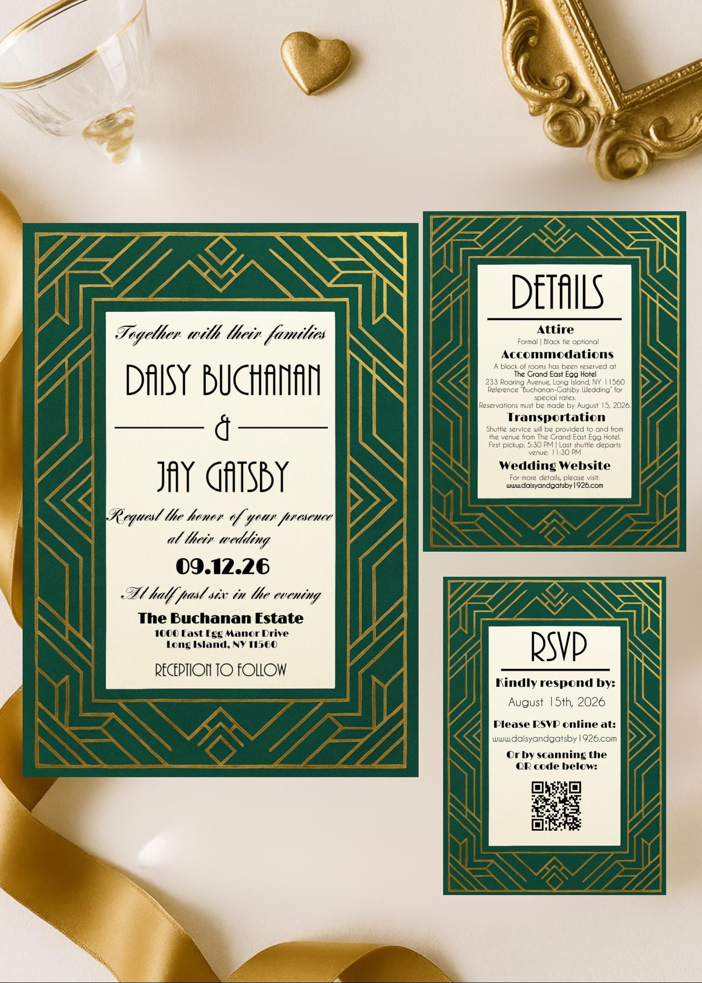 Art Deco Gatsby Hochzeitseinladung Vorlagenset | Editierbare Corjl Einladung, Antwortkarte & Detailkarte | Roaring Twenties Thema | Digitaler Download