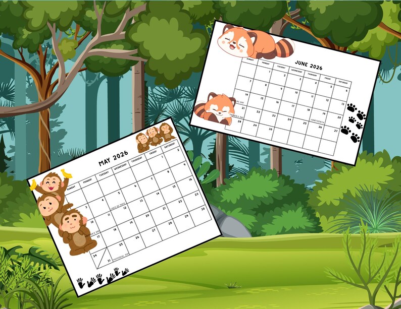 Cute Animal 2026 Year Printable Calendar Etsy