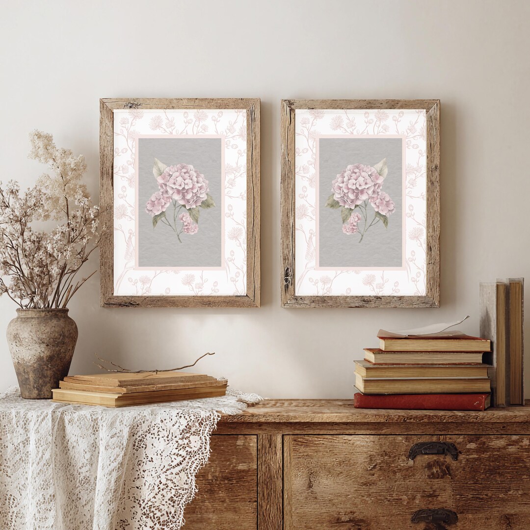 Pink Hydrangea Wall Art Prints | Southern Cottage Style (set of 2 ...