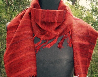 HANDWOVEN Scarf Tasseled Red Wool and Silk