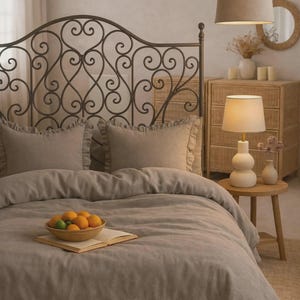 Parure de lit en lin lavé avec volants - Linge de maison marron