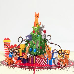 3D Pop Up Christmas Card: Cats in Tree, Festive Holiday Decoration