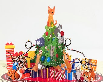 Carte de Noël pop-up 3D : chats dans le sapin, décoration festive des fêtes
